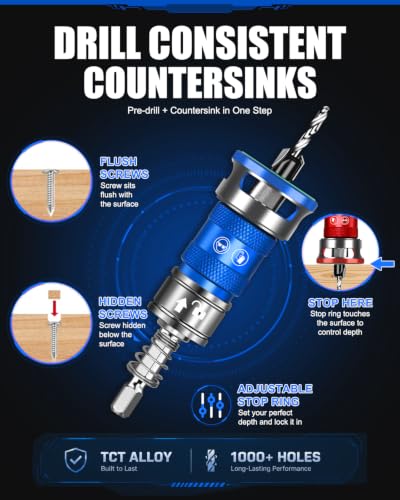 Upgrade 10PCS Countersink Drill Bit Set with Adjustable Depth Stopper - color: Blue, size: Extended - Quick Adjustment