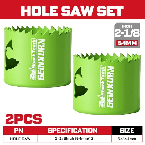 Geinxurn 2-1/8 Inch(54mm) Hole Saw, 2PCS HSS Bi-Metal Hole Saw Kit with Shark Tooth Hole Cutter for Wood,Drywall, PVC Boards and Thin Metal - color: 2 PCS 2-1/8"