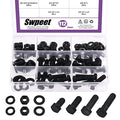Swpeet 112Pcs 3/8-16" x 3/4" to 1-1/2" 4 Sizes Black Zinc Finish Carbon Steel Grade 8 USS Nut Bolts Assortment Kit, Heavy Duty Bolt Nut and Washer Assortment Coarse Thread Hex Head Cap Screws Bolt - size: 3/8 Inch