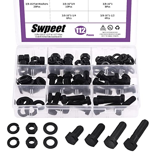 Swpeet 112Pcs 3/8-16" x 3/4" to 1-1/2" 4 Sizes Black Zinc Finish Carbon Steel Grade 8 USS Nut Bolts Assortment Kit, Heavy Duty Bolt Nut and Washer Assortment Coarse Thread Hex Head Cap Screws Bolt - size: 3/8 Inch