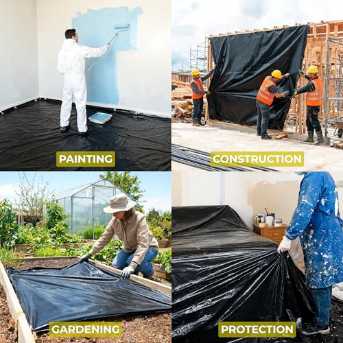 Plastic Sheeting (10' x 25') Long, 6 Mil (Black) - UV Protection Poly Sheeting Polyethylene Film, Heavy Duty Greenhouse Plastic Sheeting - color: Black