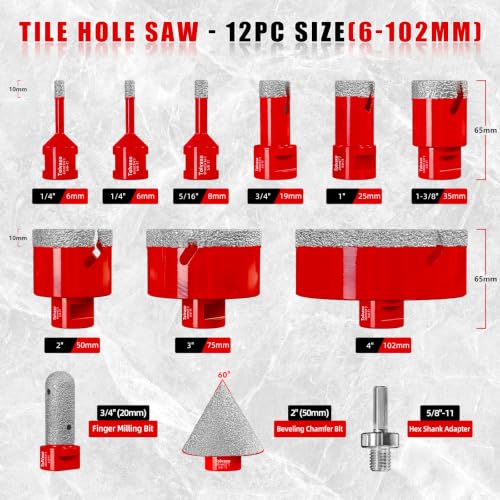 Diamond Hole Saw Kit, Vacuum Brazed Tile Hole Saw Kit (1/4"-4") - size: 6/6/8/19/25/35/50/75/102MM/2"/20MM