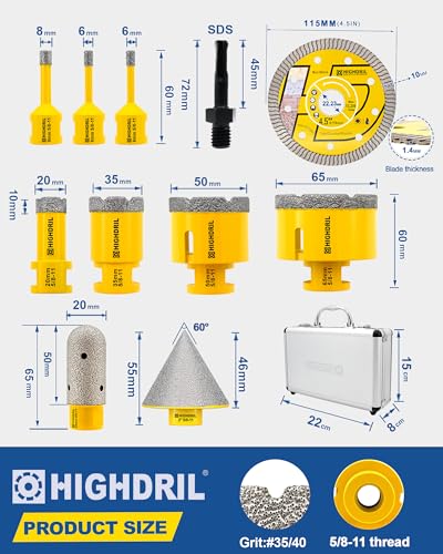 HIGHDRIL 11Pcs Diamond Hole Saw Kit for Tile Porcelain Ceramic Granite - size: Kit 4 Thread