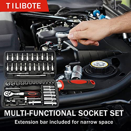 TILIBOTE Socket Wrench Set, 53PCS 1/4 Inch Ratcheting Wrench Set And Extension Bar Gimbal Slide Bar Extension Sockets, Set For Automotive Repair And Home Use. - size: 1/4"