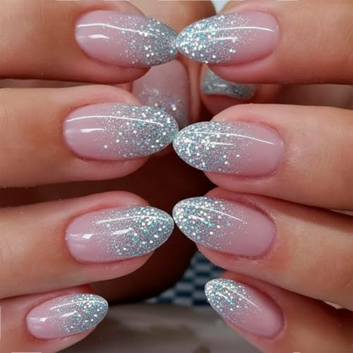 Curvlife Press On Nails Medium Almond Apricot - 30pcs Handmade Glitter Press on Nails with Glue, Glossy Nude Pink Apricot Full Cover Fake Nails Long Lasting False Nail Tips for Women - color: A1 - glitter nails