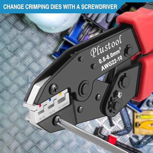 Plustool 6PCS Crimping Tool Set - Ratcheting Wire Crimper - for Heat Shrink, Insulated Nylon, Non-Insulated, Ferrule Terminal, Open Barrel Terminals & Solar Connectors