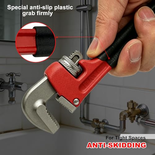 Heavy Duty 6 Inch Adjustable Pipe Wrench - Mini Straight Plumbing Tool for Tight Spaces & DIY Repairs, Red