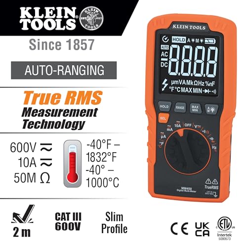 Klein Tools MM450 Slim Digital Multimeter, Reverse Contrast Display with Lead Alert, Auto-Ranging TRMS, 600V AC/DC Voltage, Current, Resistance, Temp, Frequency, Continuity - size: Slim Meter