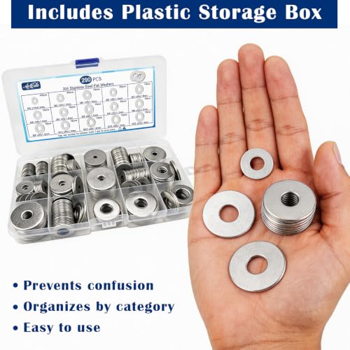 290 Pcs Flat Washers for Screws, Stainless Steel Fender Washers Assortment
