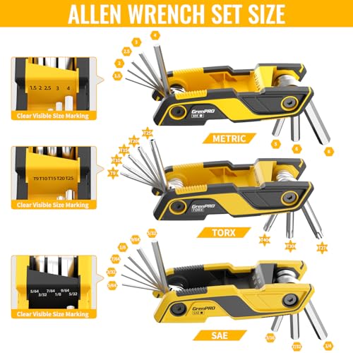 GRENPRO 3 Pack Folding Allen Wrenches Set Metric&SAE Hex Key Torx Star Tool