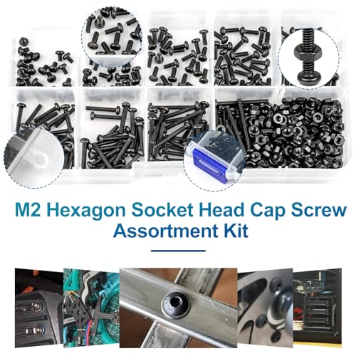 NINDEJIN M2 Button Head Socket Cap Bolts Screws, Metric M2 x 3/4/5/6/8/10/12/16/20mm Screws Bolts Nuts Assortment Kit, 452Pcs Allen Hex Drive, Black Oxide, 10.9 Carbon Steel, Fully Threaded - size: 452Pcs M2 3mm-20mm