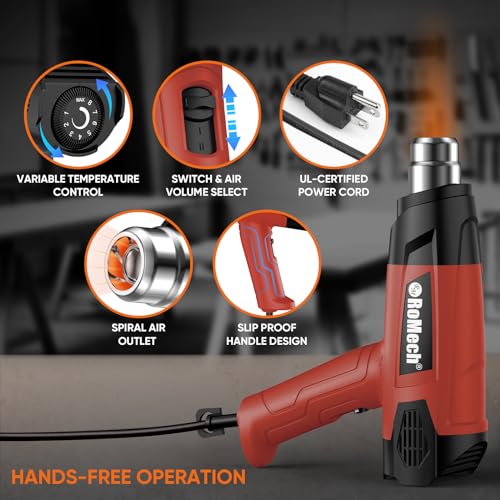 ROMECH 1500W Heavy Duty Heat Gun, Variable Temperature Control Hot Air Gun Kit with 2 Air Flow 120°F~1200°F and 4 Nozzles for Crafts Shrink Wrap (Red) - color: Red