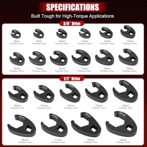 21Pc Crowfoot Wrench Set–6 Point, 1/2" & 3/8" Drive, Metric 8-32mm