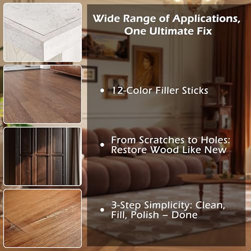 Oriflame Wood Furniture Filler Sticks: 12-Color Wood Repair Wax Crayons with Scraper for Scratches/Cracks/Holes/Stains in Floors/Table/Cabinets/Desks/Bedposts(Hardwood/Laminate)