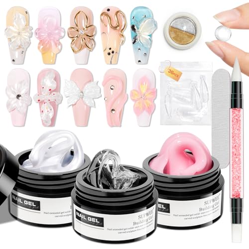 3d Gel Nail Art Sculpture Non Stick Hand Molding Gel for Nails | Multifunctional Solid Builder Gels for Extension Carving Sculpting Beauty Charms for Beignner and Salon DIY - color: Clear&Pink&Pearl White