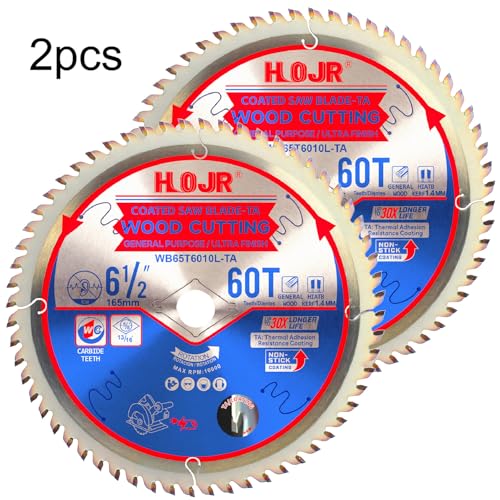2-Pack 6-1/2" 60-Tooth 5/8" Arbor Woodworking Circular Saw Blade,Ultra Finish/General Purpose,Special Anti-Thermal Adhesion Coating on Cutting Edge-TA,High Finish, Long Life,6-1/2" 60T 5/8" - size: 2PCS 6-1/2" 60T 5/8"
