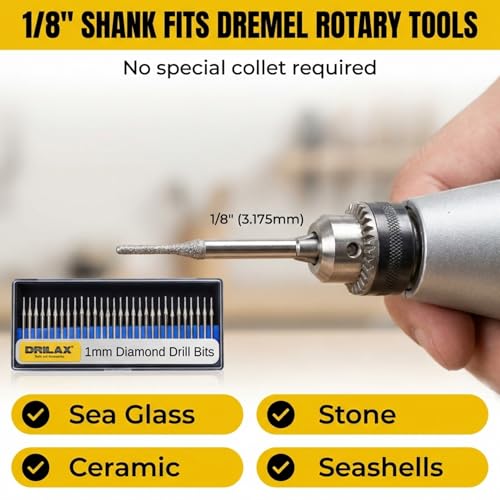 Drilax 30-Piece 1mm Diamond Drill Bits Set – 1/8 Shank Compatible with Dremel Rotary Tools – Precision Diamond Dremel Bits for Jewelry Making, Stone, Glass, Ceramic, Sea Glass, & Gemstones - size: 1mm