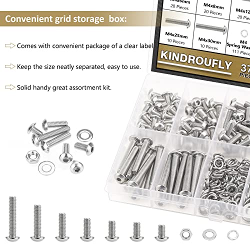 372 Pieces M4 x 6/8 /12/16 /20/25 /30mm Button Head Socket Cap Screws Nuts Washers Assortment Kit, 304 Stainless Steel, Fully Machine Thread - size: M4, style: Button Head