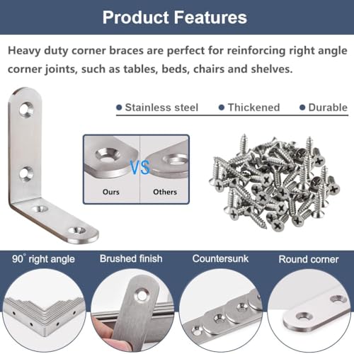 16Pcs L Bracket Corner Brace 2.5 x 2.5 Inch Stainless Steel Corner Brackets, Heavy Duty 90 Degree Joint Right Angle Shelf Brackets for Shelves Wood Furniture with Screws - size: 16PCS-Silver 65*65mm/ 2.5in