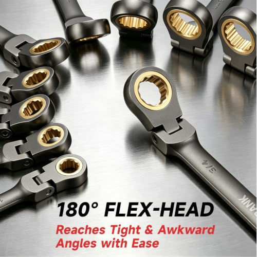22-Piece Ratcheting Wrench Set, Flex Head Combination Wrenches Set with Organizer Box, Metric 8-19mm and SAE 1/4" to 3/4" Size, 12 Points 72-Teeth, Nickel Plating - size: Flex-head