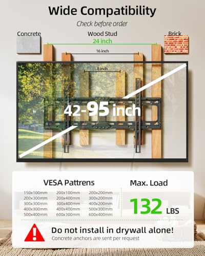 USX MOUNT TV Wall Mount,Low Profile TV Mount for Most 42-95 Inch Flat Screen Televisions,Max VESA 600x400mm Fixed Wall Mount Bracket Holds up to 132 lbs,Fits 16"/18"/24" Studs - size: 42-95 inch
