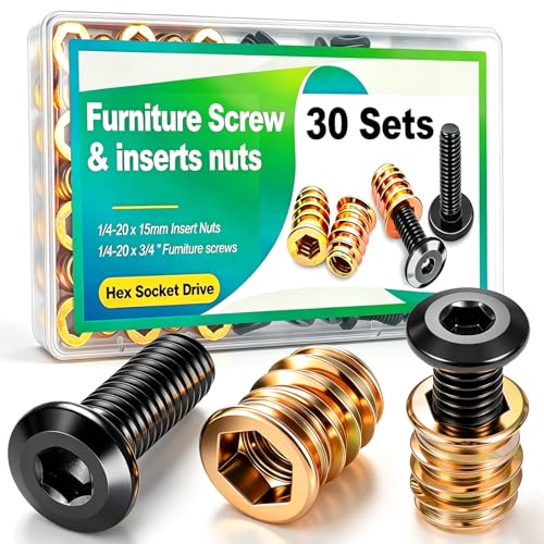 Twidec/30 Sets 1/4-20x15mm Threaded Inserts for Wood Furniture Screw Nut Kit Bolt Fastener Connector with 1/4-20x20mm Screw-in Nuts and Hex Wrench N-083-30set - size: 1/4"-20 x 15mm with Bolts (30 Sets)