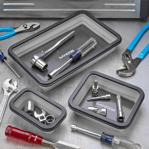 Collapsible Magnetic Parts Tray Set -3 Different Size Tool Trays Light Grey - color: Light Grey