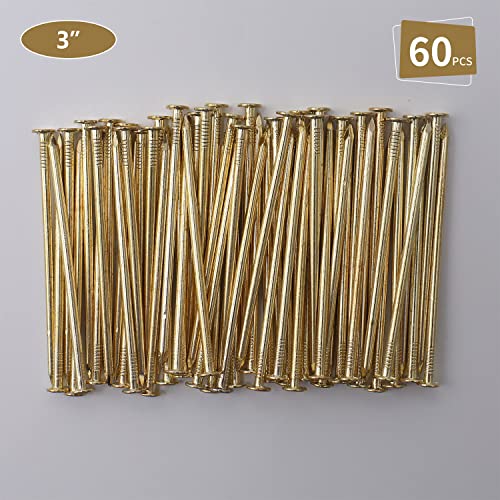 JEGONFRI 60PCS 3" x 12Ga Brass Plated Wall Nails for Hanging, Wood Nails - color: Gold, size: 3 In , 60 Pcs