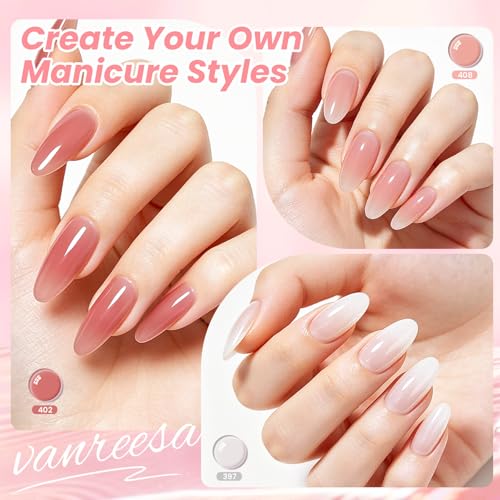 VANREESA 24Pcs Jelly Gel Nail Polish Set -Soft Nude Milky White Pink Red Brown Jelly Translucent Gel Polish Colors with Base Coat 4 Top Coats Neutral Colors All Seasons Nail Polish Set Gifts for Women - color: Sheer & Natural Jelly Gel