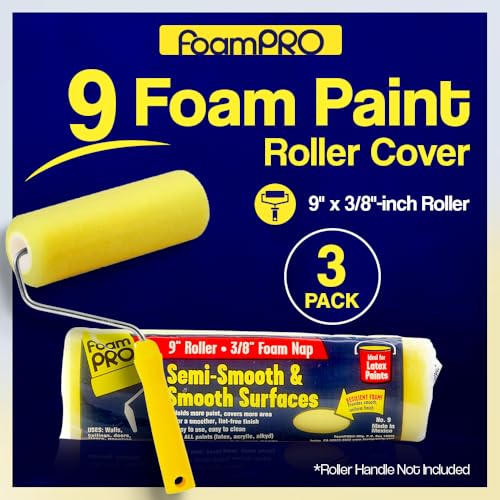 FoamPro 9 Paint Roller Cover for Smooth & Semi-Smooth Surfaces| High Capacity Foam Roller Cover | House Painting Supplies | 9” x 3/8" | 3-Pack - size: Pack of 3