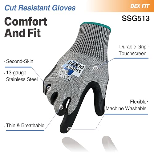 DEX FIT SSG513 Stainless Steel Cut Resistant Gloves, ANSI A5, Durable Non-Slip Nitrile Grip, Touchscreen, Comfort Stretchy Fit, Thin & Breathable, Machine Washable; Gray S (7), 1 Pair - color: A5 Gray Lite, size: Small (1 Pair)