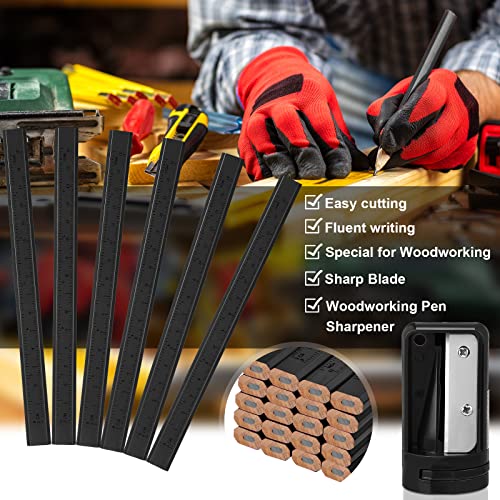 Honoson 200 Pcs Flat Construction Pencils with Printed Ruler Wood Graphite 2 Pcs Carpenter Pencil Sharpener for Woodworking Marking Tool(Black) - color: Black