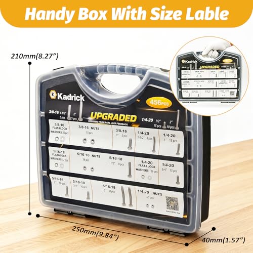 KADRICK 456PCS Stainless Steel Bolt and Nut Kit,SAE 1/4-20 5/16-18 3/8-16 - size: 456Pcs Stainless SAE Hex Bolts
