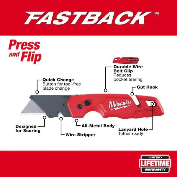 Milwaukee Fastback Flip Utility Knife 2 Piece Set with Razor Blade Dispenser (50 Blades Included)