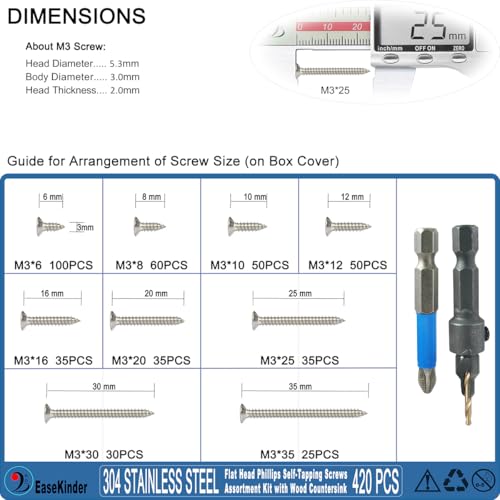 420PCS Flat Head Phillips Wood Screws Assortment Kit, 304 Stainless Steel Self-Tapping Screw with Adjustable Wood Countersink (SS304 M3) - size: SS304 M3