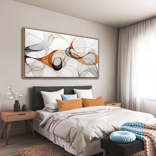 KLAKLA Modern Abstract Gray and Brown Designs - Colorful Curves and Translucent Medium - Frame Wall for Living Room Office Wall Decor Picture Artwork for walls - color: White + Orange Frame, size: 58"L x 29"W