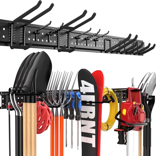 Garage Tool Organizer Wall Mount 49.5 inches with 10 Adjustable Heavy-Duty Hooks, Garage Organization, Garden Tool Storage Rack, Yard, and Shed, Holds Up to 400 lbs - size: 49.5" | 3 Panels + 10 Hooks