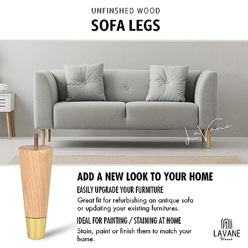 La Vane 4 inch Ash Wood Furniture Legs with Gold Caps, Set of 4 Mid-Century Modern Tapered Varished Wooden Replacement Feet with 5/16 Inch Bolt & Mounting Plate for Sofa Couch Bed Armchair Ottoman | Clear Coated, 400lb Load Capacity, Non-slip & Protects F