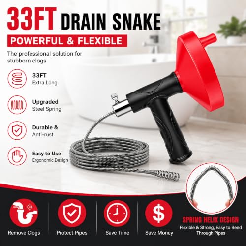 Drain Snake Auger, 33 FT Plumbing Snake Drain Hair Clog Removal Tool, Heavy Duty Snake Auger, Sink Unclogger Drain Cleaner Tool for Bathroom Kitchen Tub Shower Drain Clog Remover with Gloves, Red