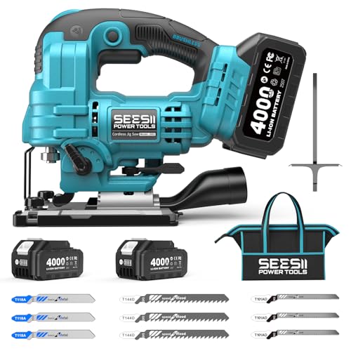 SEESII Brushless Jig Saw, Cordless Jigsaw Tool 2×4.0Ah Batteries - color: Light Blue