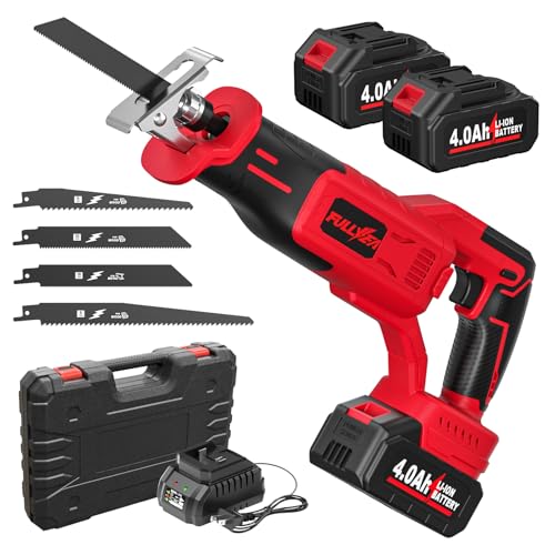 FULLYEA Reciprocating Saw Cordless, 3500 SPM Brushless Reciprocating Saws, Tool-Free Blade Change, Power Reciprocating Saws with 2*4.0Ah Battery & Charger, Cordless Saw for Wood/Metal/Plastic Cutting