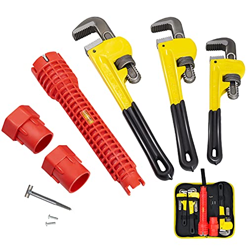 KOTTO Heavy Duty Adjustable Pipe Wrench Set - 3 Pack (8, 10, 12 Inches) Plumbing Wrench Tool with Faucet Pipe Tool in Storage Case