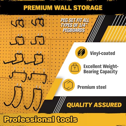 ELEAD 12-Piece Pegboard Hooks with Extension Straps, Heavy Duty Organizer Pegboard Accessories Fit for 1/4" Pegboard, Peg Board Tool Utility Hangers for Power Tool, Drill, Bag, Cord - style: 12-Piece