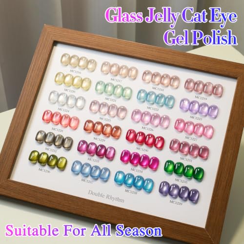 Double Rhythm 28Pcs 0.5Oz Glass Cat Eye Gel Nail Polish Set Same Color Same Bottle Magnetic Jelly Gel Polish Kit Nail Art Manicure Salon DIY at Home (Nude Pink Blue Green-T24-10) - color: Magnetic Red Pink Silver