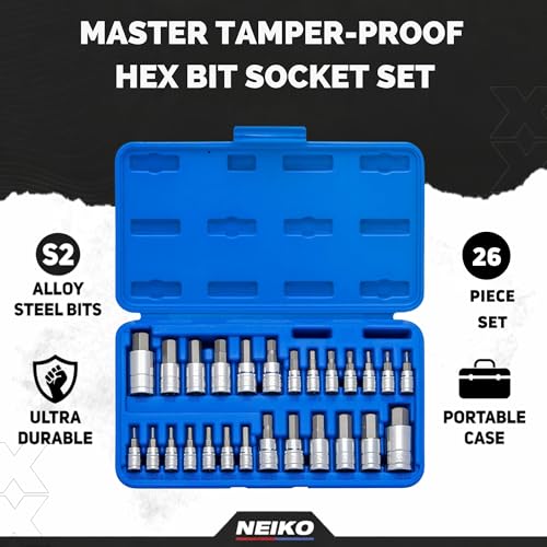 Neiko 01144A Tamper-Proof Hex Bit Socket Set, 26 Pieces | SAE (5/64-9/16”) and Metric (2-14MM) - size: 26 Piece, style: TP Allen Hex Bit