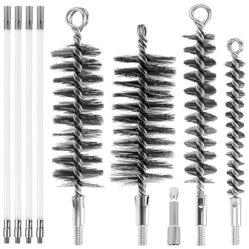 QWORK 50" Pipe Cleaning Brush Set with Stainless Steel Bristles and 4 Flexible Rods, Wire Tube Brush Kit for Auto Parts Bottles Valves Pipes Lab Equipment, 4 Brush Heads 3/5" 1" 1-3/5" 2"