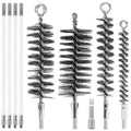 QWORK 50" Pipe Cleaning Brush Set with Stainless Steel Bristles and 4 Flexible Rods, Wire Tube Brush Kit for Auto Parts Bottles Valves Pipes Lab Equipment, 4 Brush Heads 3/5" 1" 1-3/5" 2"