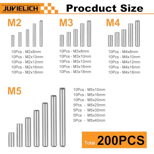 200Pcs Stainless Steel Dowel Pin Assortment Kit - M2 M3 M4 M5 - size: M2-M5 Assortment