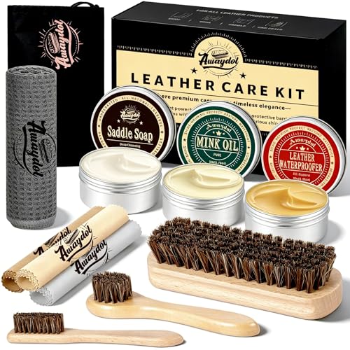 11 PCS Leather Care Kit - Horsehair Brushes,Saddle Soap,Waterproofing Wax,Mink Oil Conditioner,Polishing Cloth,Microfiber cloth,Boot Shoe Shine Cleaning Kit Gift for Men Cowboy Husband Dad