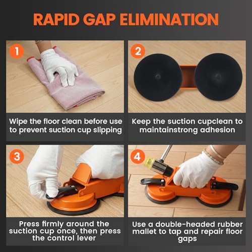 Floor Gap Fixer Tool Kit with Heavy Duty Rubber Mallet, Floor Dual Suction Cup Tool Upgrade 45° Striking Surface for Laminate, Hardwood, and Vinyl Floor (Orange)